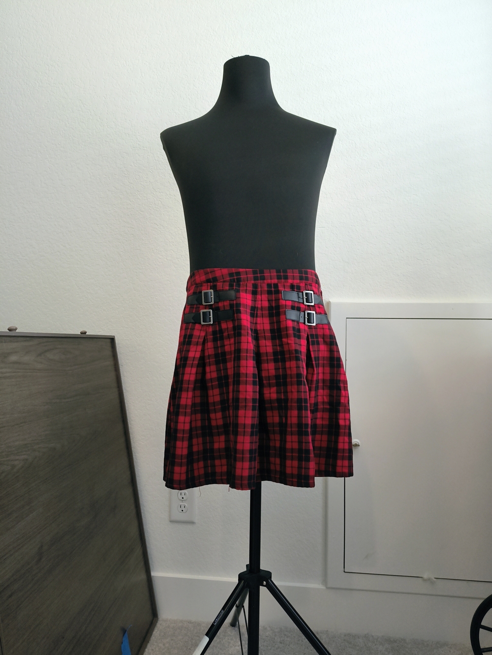Red Plaid Mini Skirt with Buckle Detail